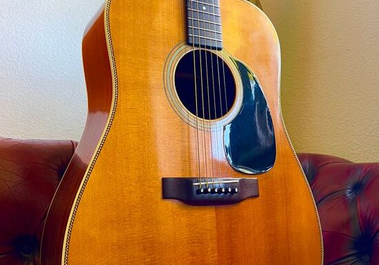 Sie sehen eine Akustikgitarre stehend.